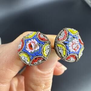 Vtg Colorful Floral Micro Mosaic Earrings Brass Italy Screw Back Clip On Italy